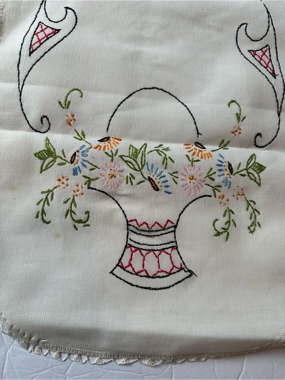Vintage Handmade Embroidered Table/Dresser Runner Floral Crochet Edges 39.5”x13”